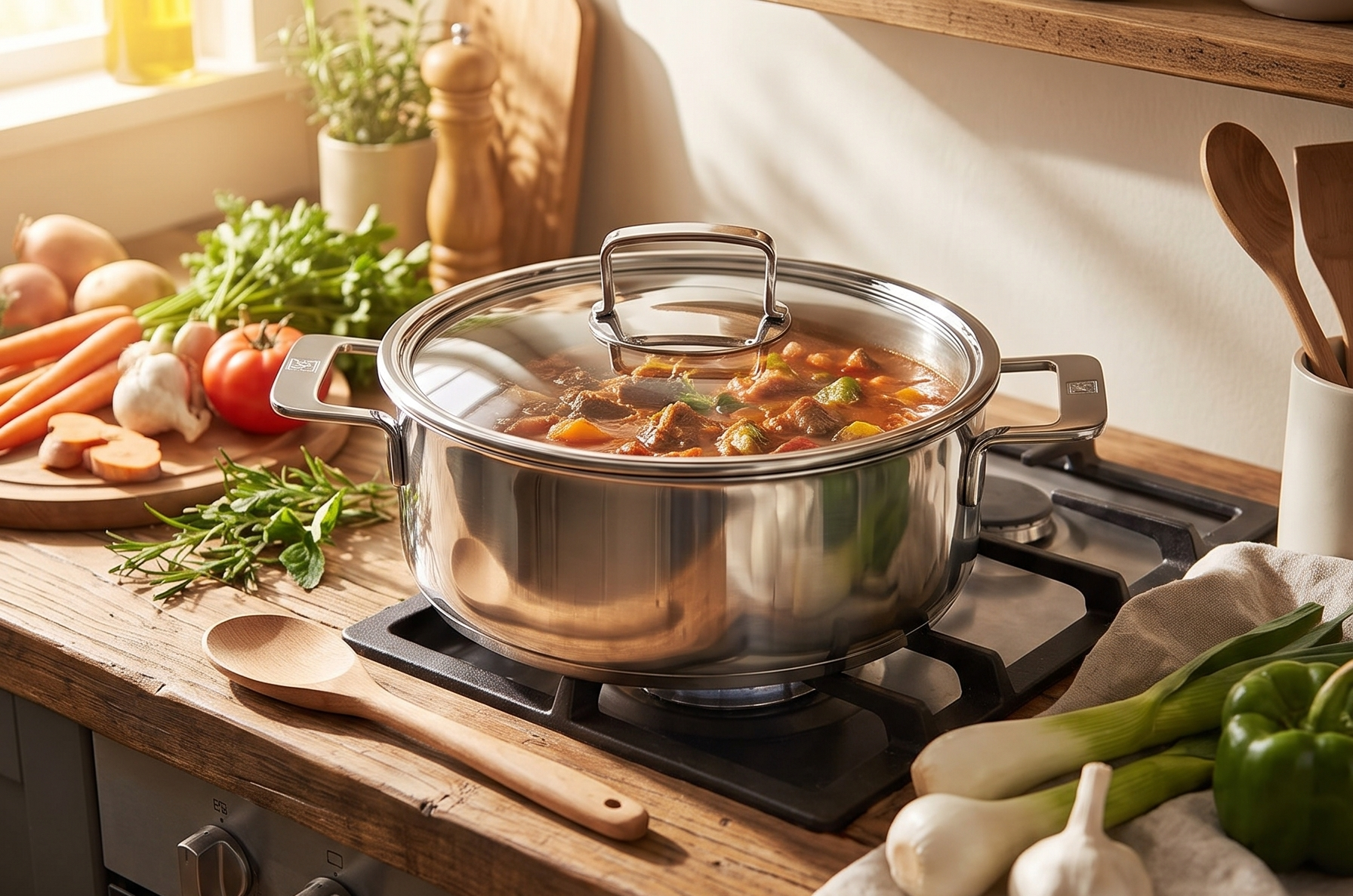 BRA COOKWARE Signature Stainless Steel Stock Pot w/Glass Lid | 9.5 Inch 4 Quart Professional Grade Cooking Pot | PFOA Free Deep Pot | All Cooktops | All Cooktops (incl. Induction) & Oven Safe