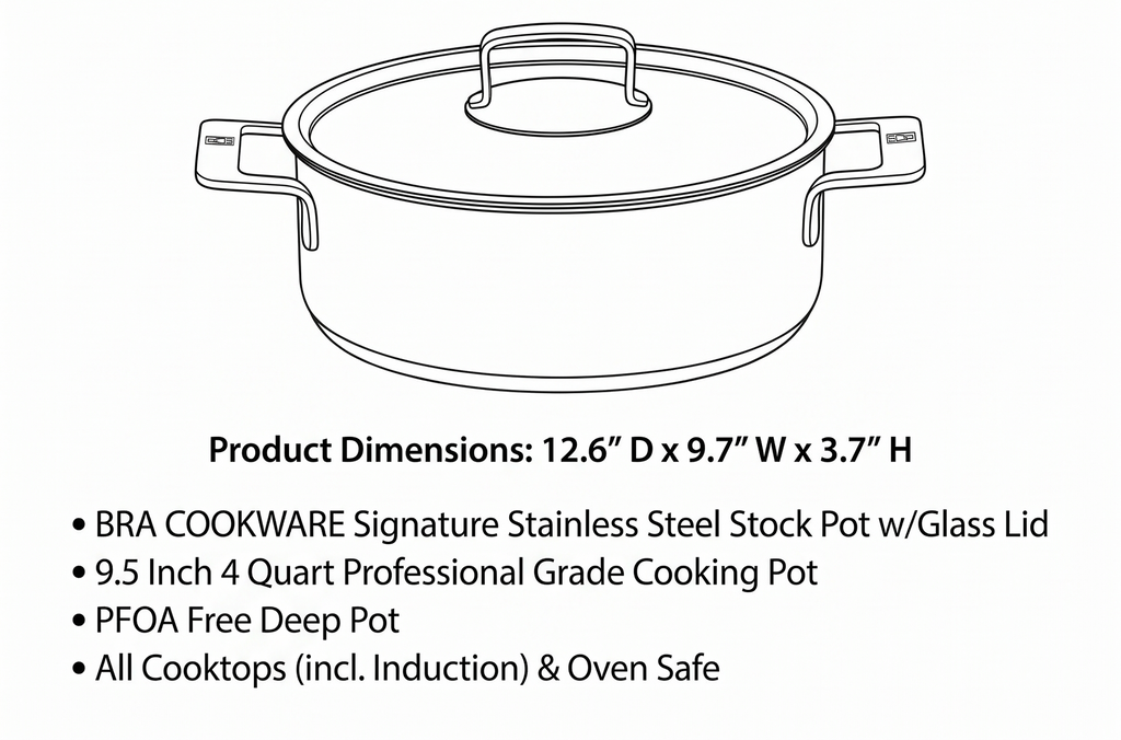 BRA COOKWARE Signature Stainless Steel Stock Pot w/Glass Lid | 9.5 Inch 4 Quart Professional Grade Cooking Pot | PFOA Free Deep Pot | All Cooktops | All Cooktops (incl. Induction) & Oven Safe