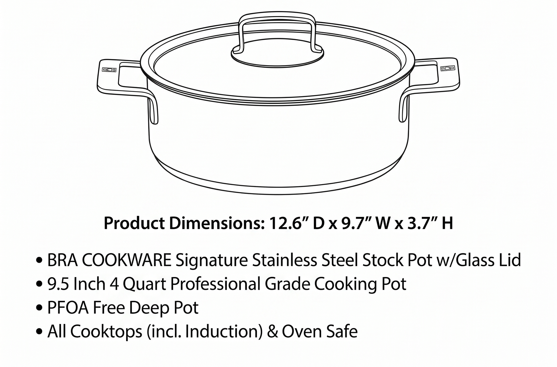 BRA COOKWARE Signature Stainless Steel Stock Pot w/Glass Lid | 9.5 Inch 4 Quart Professional Grade Cooking Pot | PFOA Free Deep Pot | All Cooktops | All Cooktops (incl. Induction) & Oven Safe
