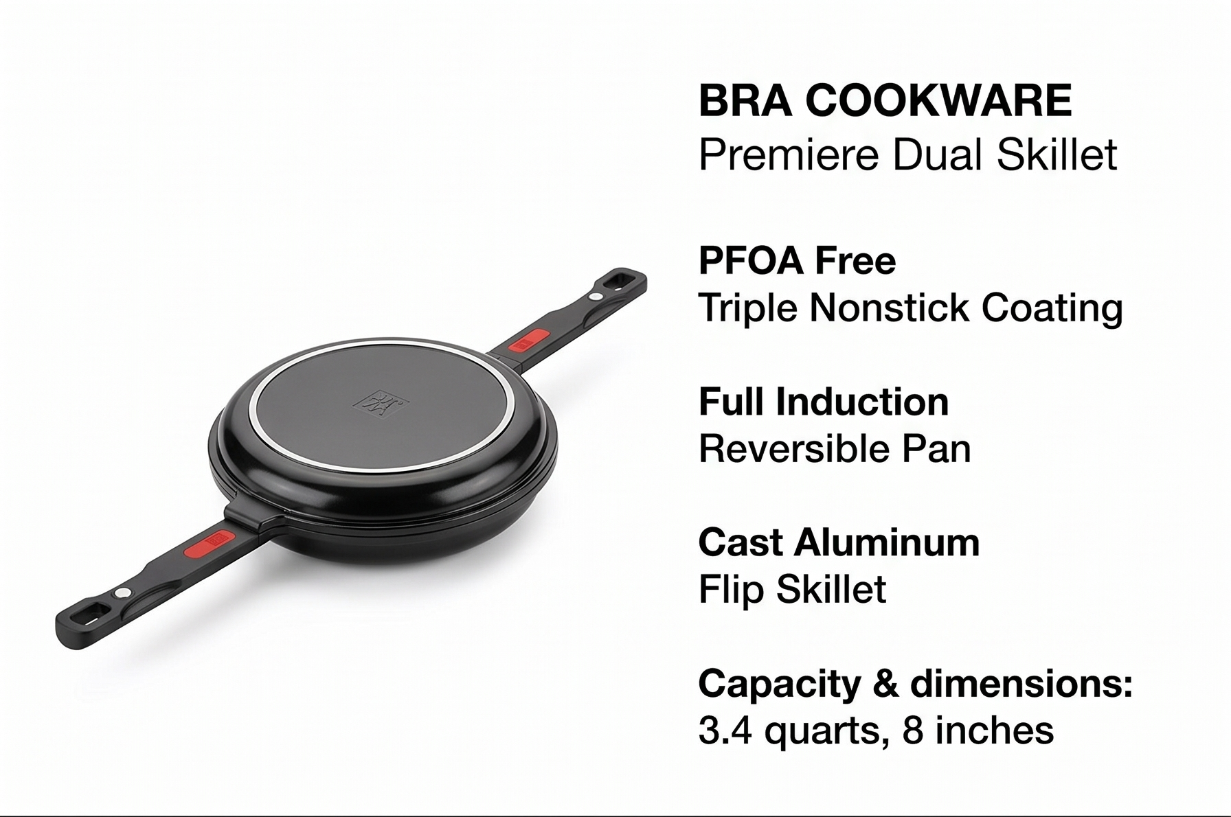 BRA COOKWARE Premiere Dual Skillet | 8 inches Double Frying Pan for Frittatas & Spanish Omelets | PFOA Free Triple Nonstick Coating | Full Induction Reversible Pan | Cast Aluminum Flip Skillet