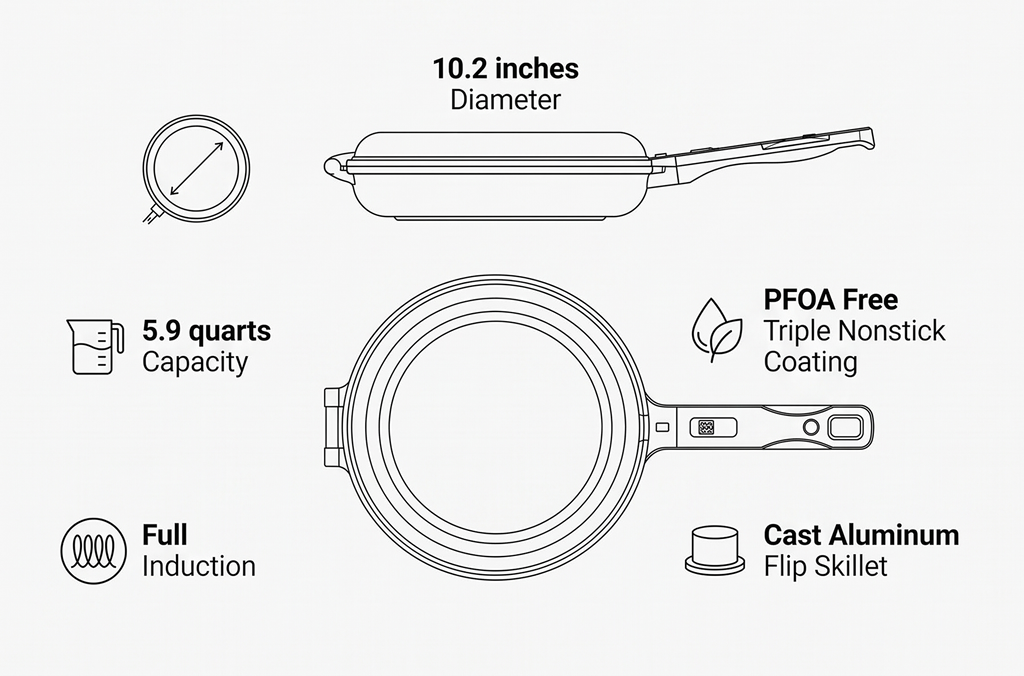 BRA COOKWARE Premiere Dual Skillet | 10.2 inches Double Frying Pan for Frittatas & Spanish Omelets | PFOA Free Triple Nonstick Coating | Full Induction Reversible Pan | Cast Aluminum Flip Skillet