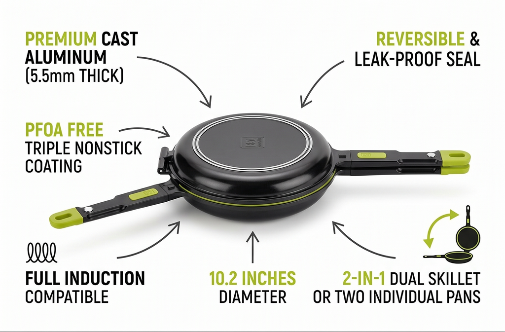 BRA COOKWARE Foodie Dual Frying Pan | 10.2 inches Double Skillet for Spanish Omelets & Frittatas | PFOA Free Triple Nonstick Coating | Full Induction Reversible Skillet | Cast Aluminum Flip Pan