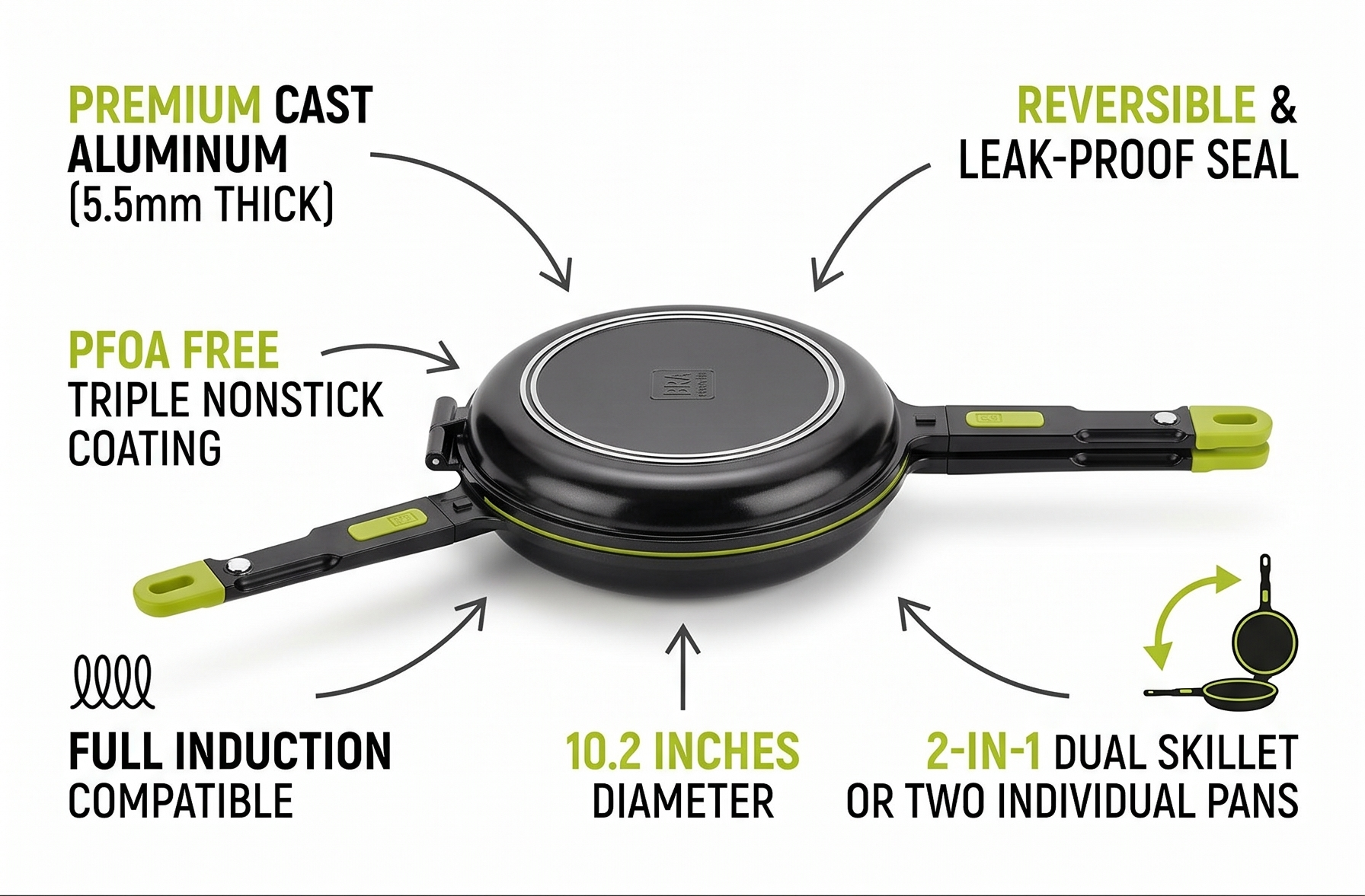BRA COOKWARE Foodie Dual Frying Pan | 10.2 inches Double Skillet for Spanish Omelets & Frittatas | PFOA Free Triple Nonstick Coating | Full Induction Reversible Skillet | Cast Aluminum Flip Pan