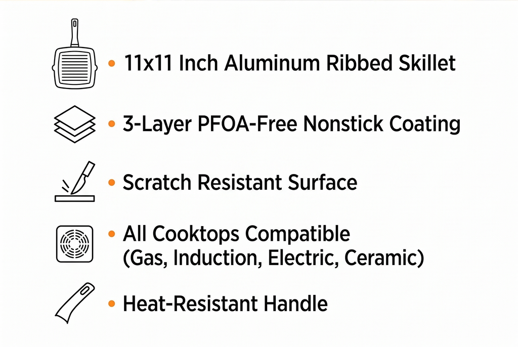 BRA COOKWARE Efficient Pro Nonstick Grill Pan | 11x11 Inch Aluminum Ribbed Skillet | 3-Layer Scratch Resistant Coating Frypan | PFOA Free | All Cooktops Compatible Grilling Pan | HeatResistant Handle