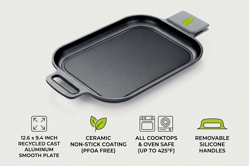 BRA COOKWARE Life Ceramic Nonstick Grill | 12.6 x 9.4 Inch Recycled Cast Aluminum Smooth Plate | Ceramic Non-Stick | Ceramic Non-Stick Coating | PFOA Free | All Cooktops| Removable Handles