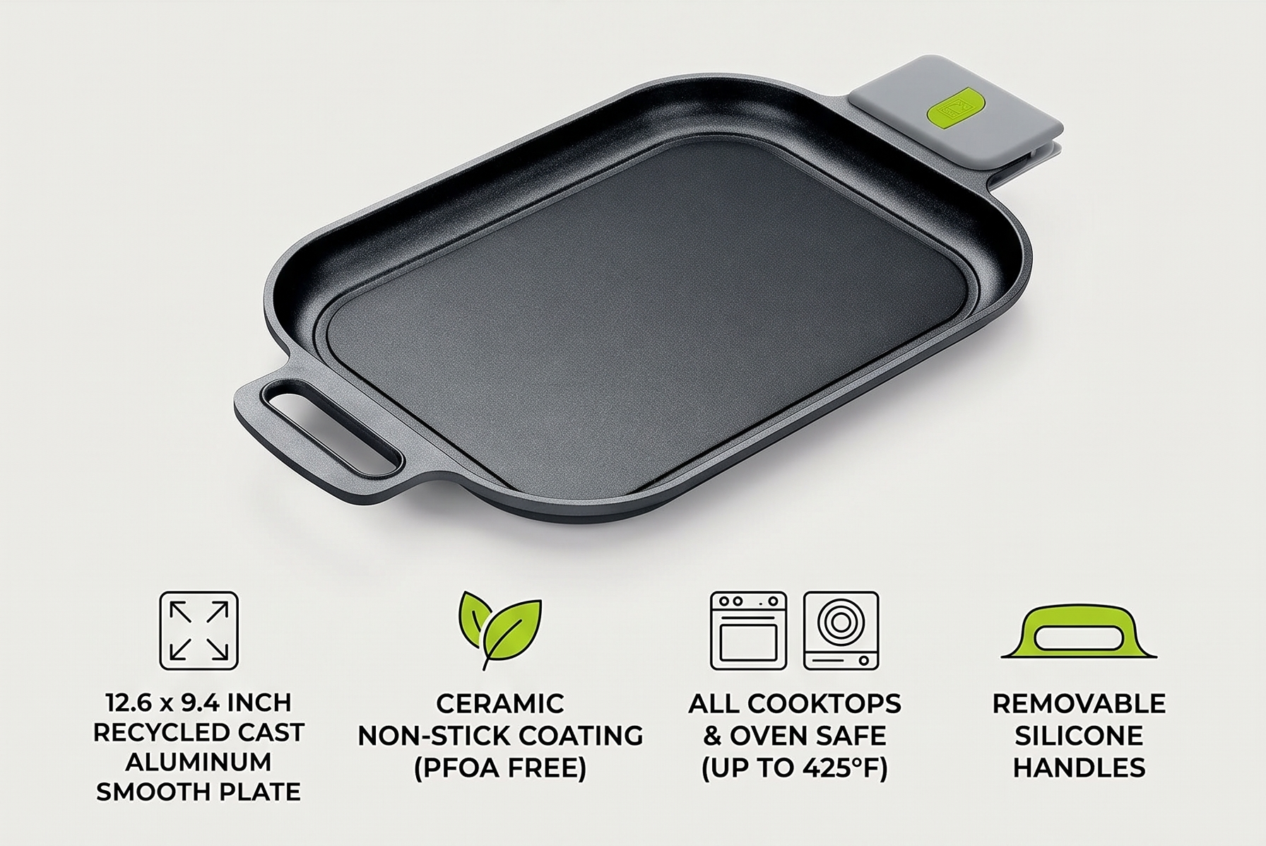 BRA COOKWARE Life Ceramic Nonstick Grill | 12.6 x 9.4 Inch Recycled Cast Aluminum Smooth Plate | Ceramic Non-Stick | Ceramic Non-Stick Coating | PFOA Free | All Cooktops| Removable Handles