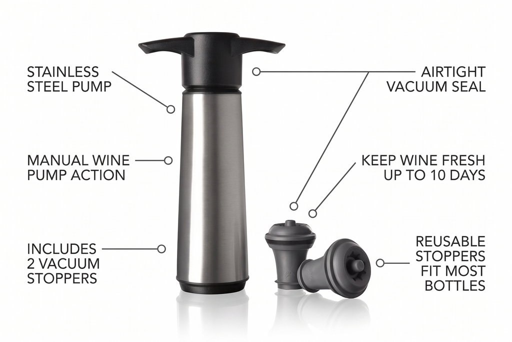 Vacu Vin Original Saver Wine Bottle Stopper – With 2 Vacuum Stoppers – Preserver Wine Stopper with Pump for Red or White Wine – Wine Accessories to Keep Wine Fresh – Airtight Seal – Stainless Steel
