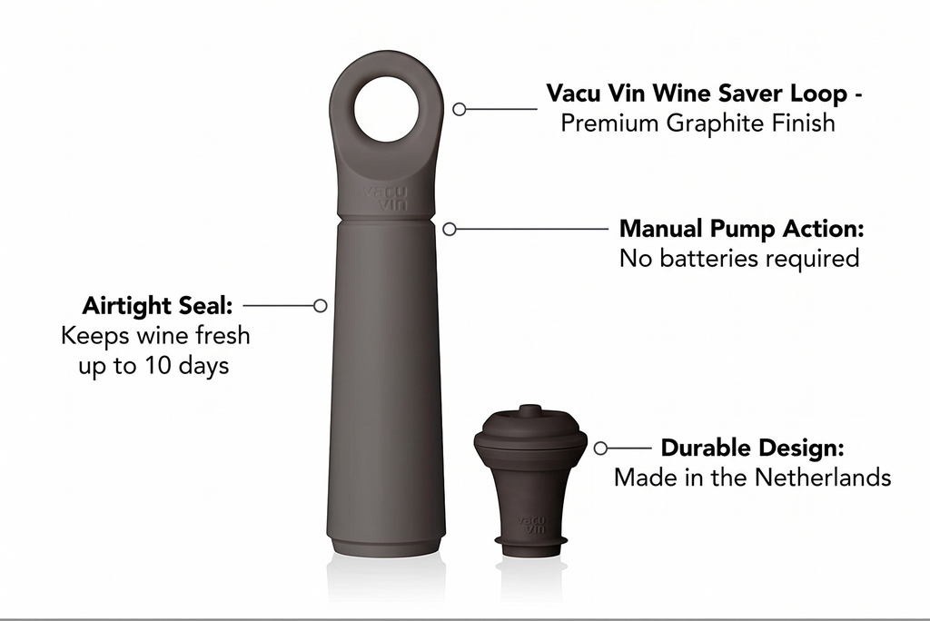 Vacu Vin Wine Saver Loop – Premium Wine Preserver Vacuum Pump with Stopper – Made in the Netherlands – Airtight Seal Keeps Red or White Wine Fresh up to 10 Days – Elegant Durable Design – Graphite