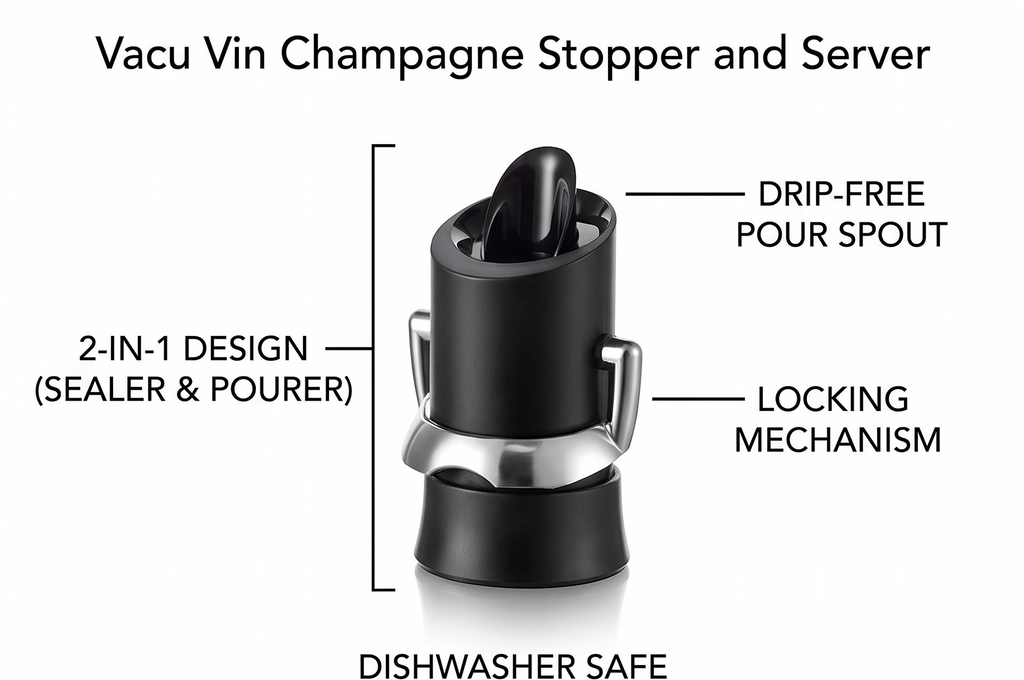 Vacu Vin Champagne Stopper and Server, 2-in-1 Sparkling Bottle Sealer with Drip-Free Pour Spout, Dishwasher Safe