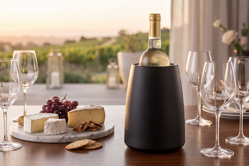 Vacu Vin Elegant Wine Cooler – Black – Active Wine Bottle Chiller with Freezer Sleeve – Modern Insulated Cooler – Keeps Wine Cold Without Ice – Sleek Tabletop Design for Home & Events
