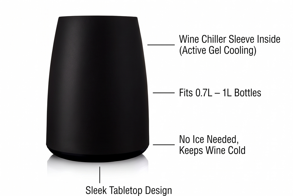 Vacu Vin Elegant Wine Cooler – Black – Active Wine Bottle Chiller with Freezer Sleeve – Modern Insulated Cooler – Keeps Wine Cold Without Ice – Sleek Tabletop Design for Home & Events