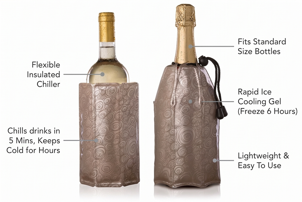 Vacu Vin Champagne & Wine Cooler Set - Flexible Insulated Chiller For Standard Size Bottles - Keeps Your Drinks Cold Longer - Lightweight & Easy To Use - Premium Design To All Occasions, Platinum