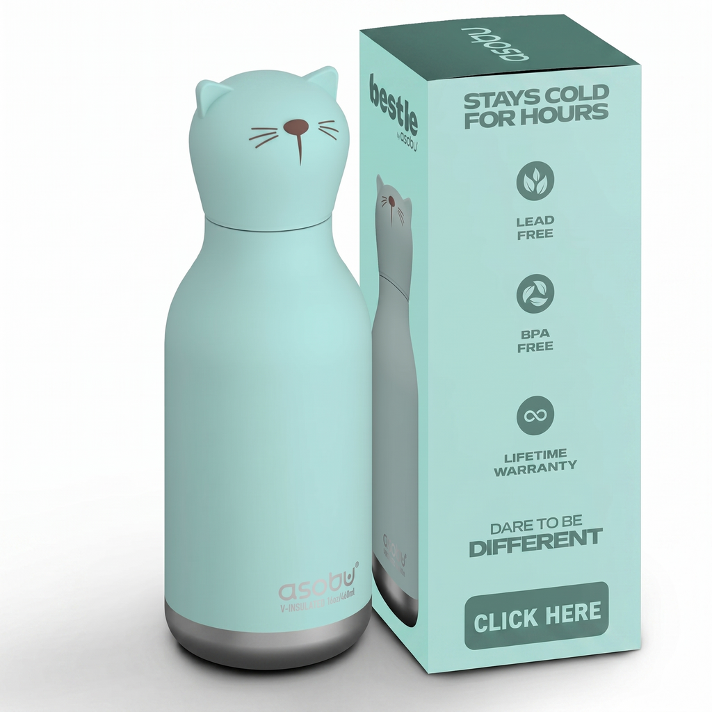 asobu Bestie Bottle Insulated Stainless Steel Water Bottle with Detachable Soft Animal Head Fun Drinking For Kids and Teens with Flexible Reusable Straw 16 Ounce (Cat)