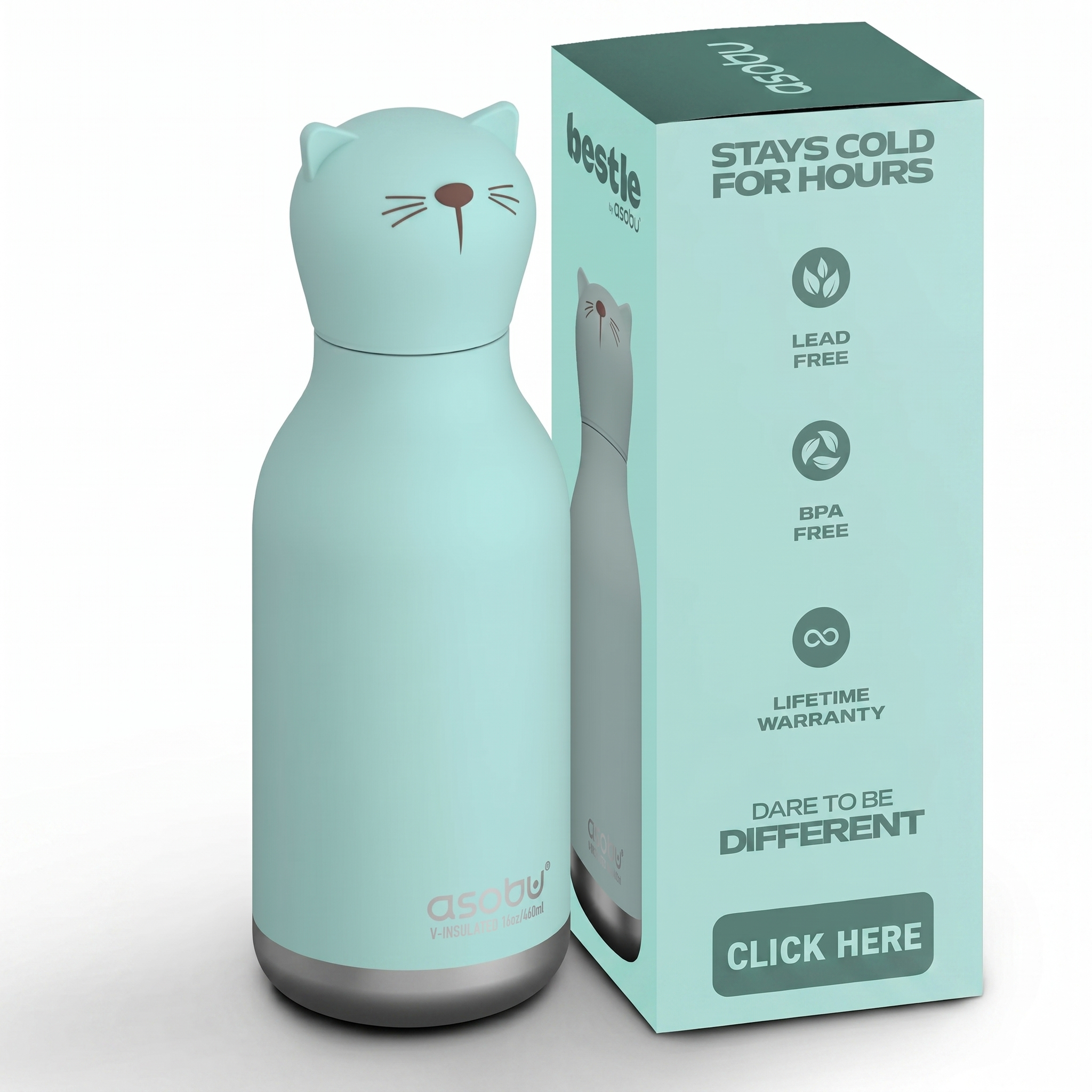 asobu Bestie Bottle Insulated Stainless Steel Water Bottle with Detachable Soft Animal Head Fun Drinking For Kids and Teens with Flexible Reusable Straw 16 Ounce (Cat)
