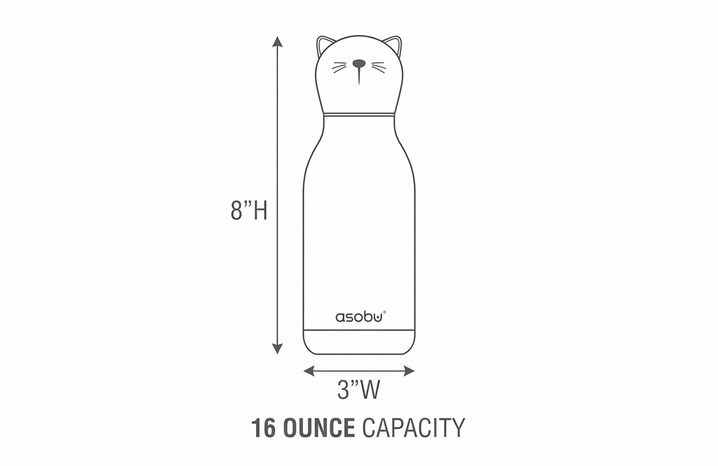 asobu Bestie Bottle Insulated Stainless Steel Water Bottle with Detachable Soft Animal Head Fun Drinking For Kids and Teens with Flexible Reusable Straw 16 Ounce (Cat)