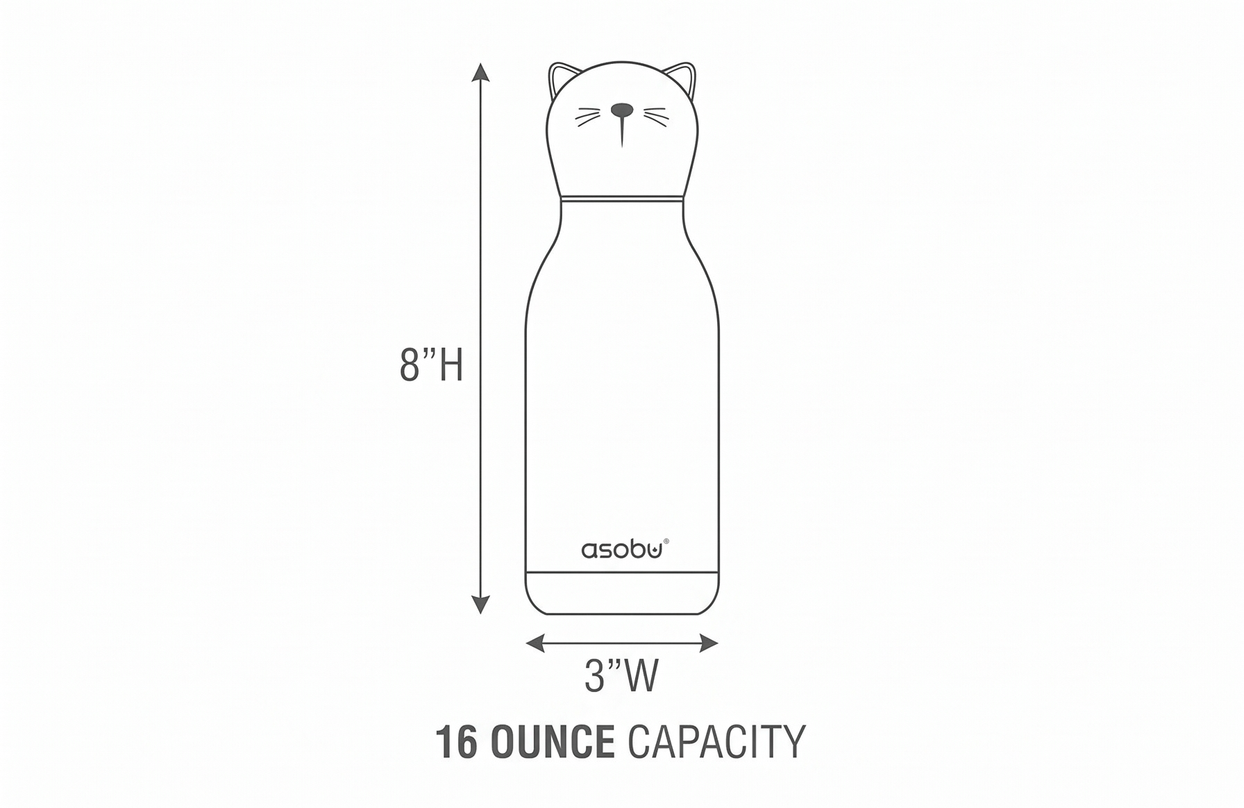 asobu Bestie Bottle Insulated Stainless Steel Water Bottle with Detachable Soft Animal Head Fun Drinking For Kids and Teens with Flexible Reusable Straw 16 Ounce (Cat)