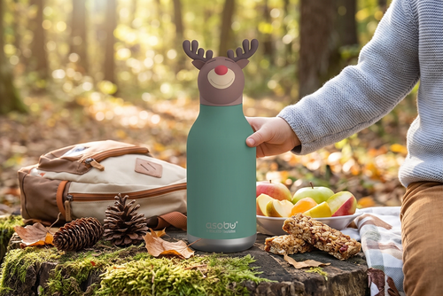 asobu Bestie Bottle Insulated Stainless Steel Water Bottle with Detachable Soft Animal Head Fun Drinking For Kids and Teens with Flexible Reusable Straw 16 Ounce (Reindeer)
