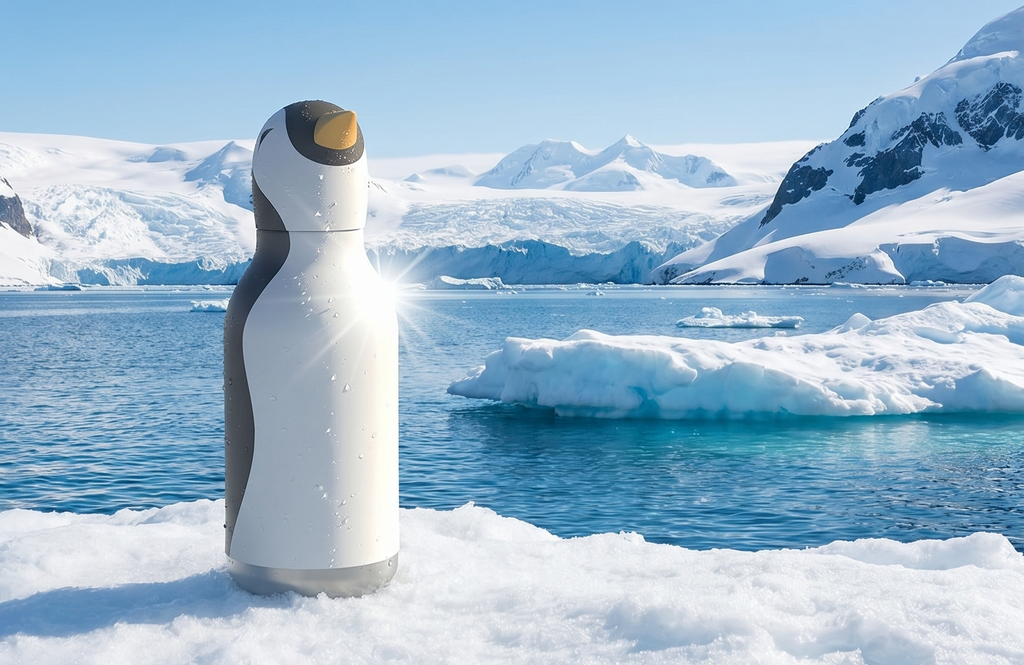 asobu Bestie Bottle Insulated Stainless Steel Water Bottle with Detachable Soft Animal Head Fun Drinking For Kids and Teens with Flexible Reusable Straw 16 Ounce (Penguin)