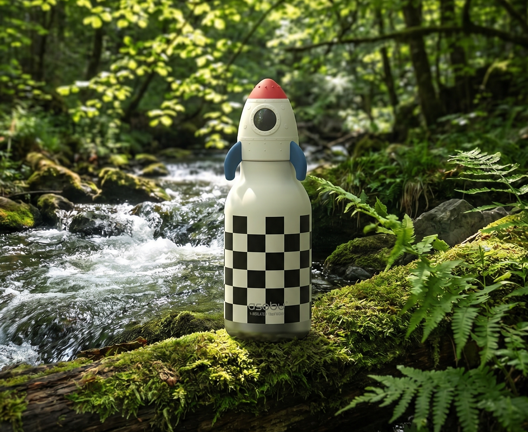 asobu Bestie Bottle Insulated Stainless Steel Water Bottle with Detachable Soft Animal Head Fun Drinking For Kids and Teens with Flexible Reusable Straw 16 Ounce (Rocket Checker Bottle)