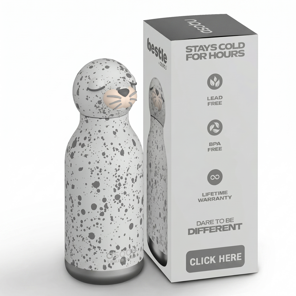 asobu Bestie Bottle Insulated Stainless Steel Water Bottle with Detachable Soft Animal Head Fun Drinking For Kids and Teens with Flexible Reusable Straw 16 Ounce (Seal White)