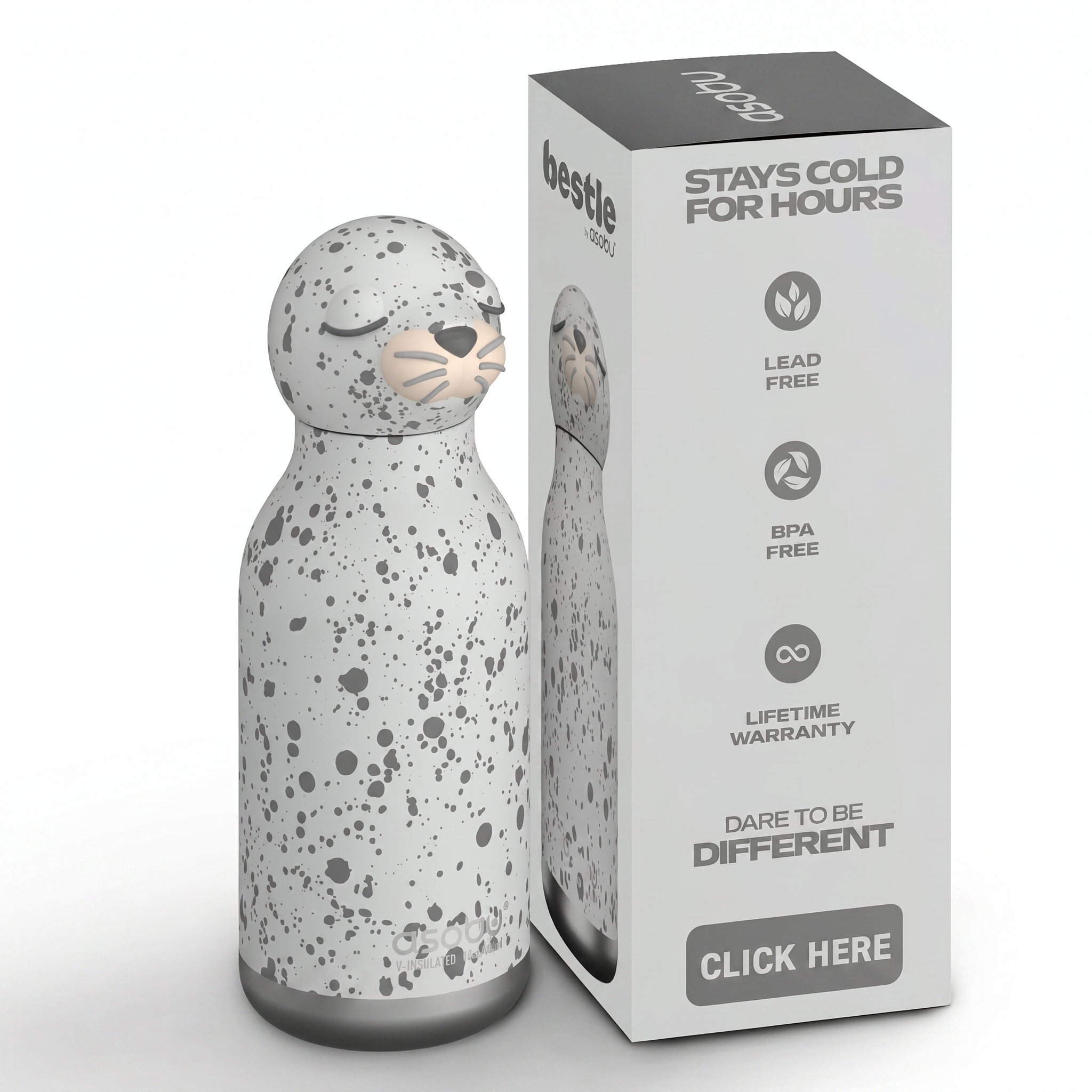 asobu Bestie Bottle Insulated Stainless Steel Water Bottle with Detachable Soft Animal Head Fun Drinking For Kids and Teens with Flexible Reusable Straw 16 Ounce (Seal White)