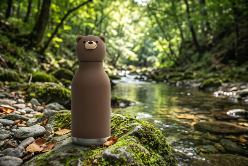asobu Bestie Bottle Insulated Stainless Steel Water Bottle with Detachable Soft Animal Head Fun Drinking For Kids and Teens with Flexible Reusable Straw 16 Ounce (Brown Bear)