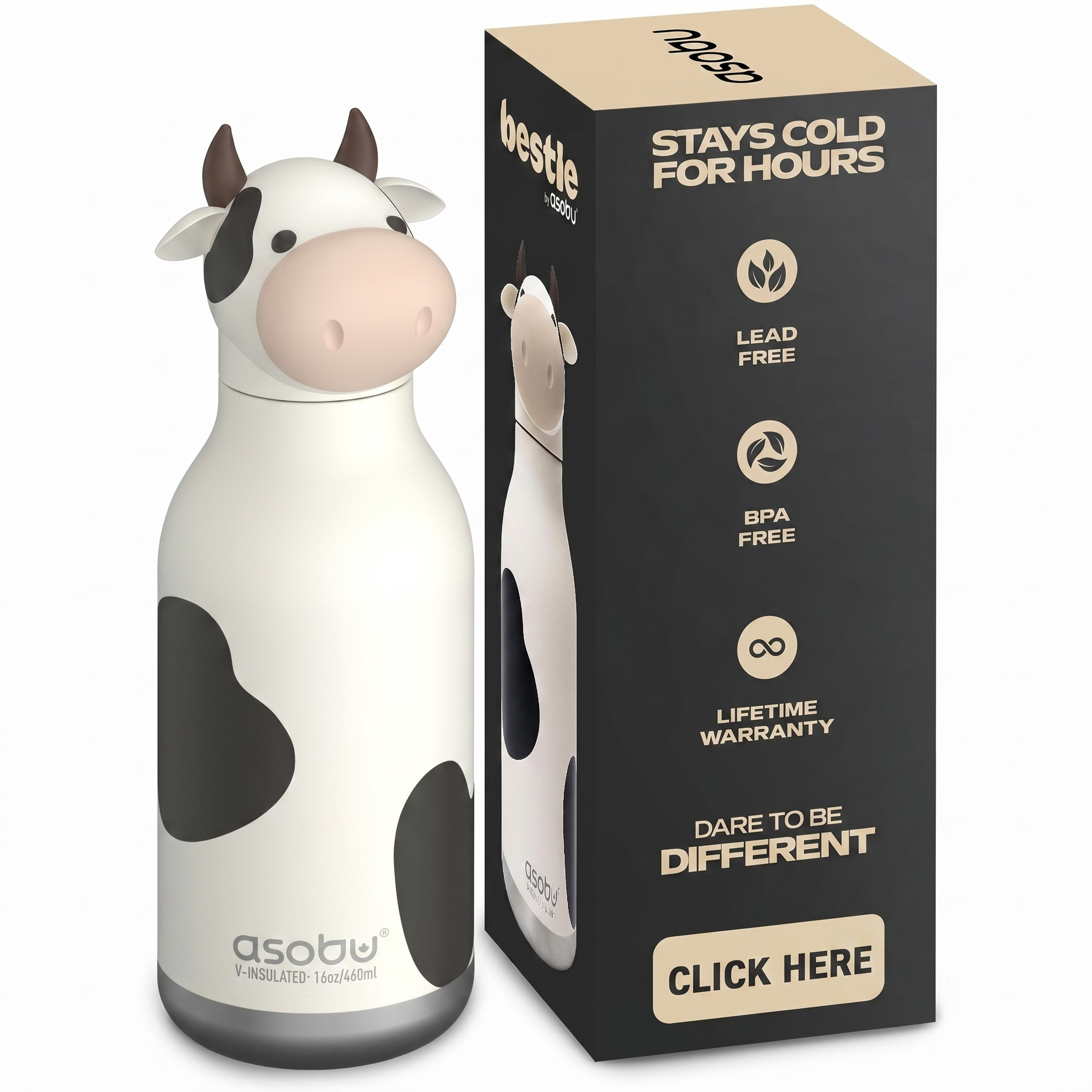 asobu Bestie Bottle Insulated Stainless Steel Water Bottle with Detachable Soft Animal Head Fun Drinking For Kids and Teens with Flexible Reusable Straw 16 Ounce