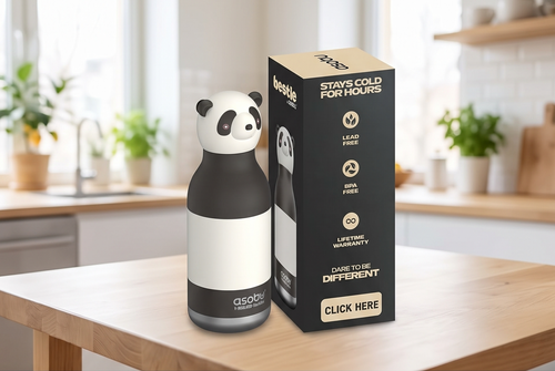 asobu Bestie Bottle Insulated Stainless Steel Water Bottle with Detachable Soft Animal Head Fun Drinking For Kids and Teens with Flexible Reusable Straw 16 Ounce (Panda)