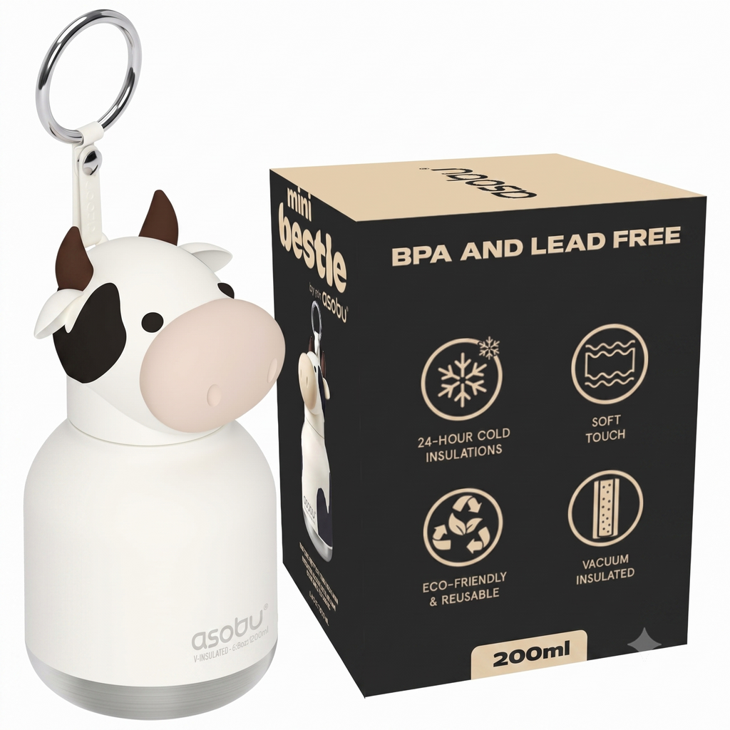 Mini Bestie Kids Water Bottle Cute Collectible Character for Girls & Boys Leakproof Stainless Steel, 6.7oz, BPA-Free with Strap & Clip Insulated Bottle for School, Travel & Gifting