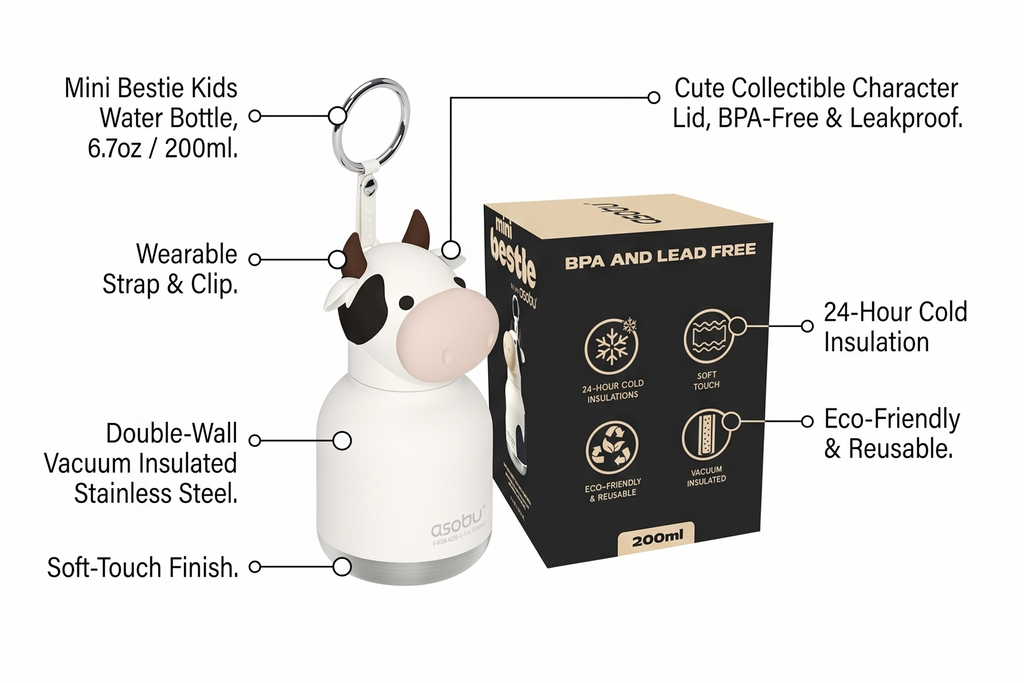 Mini Bestie Kids Water Bottle Cute Collectible Character for Girls & Boys Leakproof Stainless Steel, 6.7oz, BPA-Free with Strap & Clip Insulated Bottle for School, Travel & Gifting