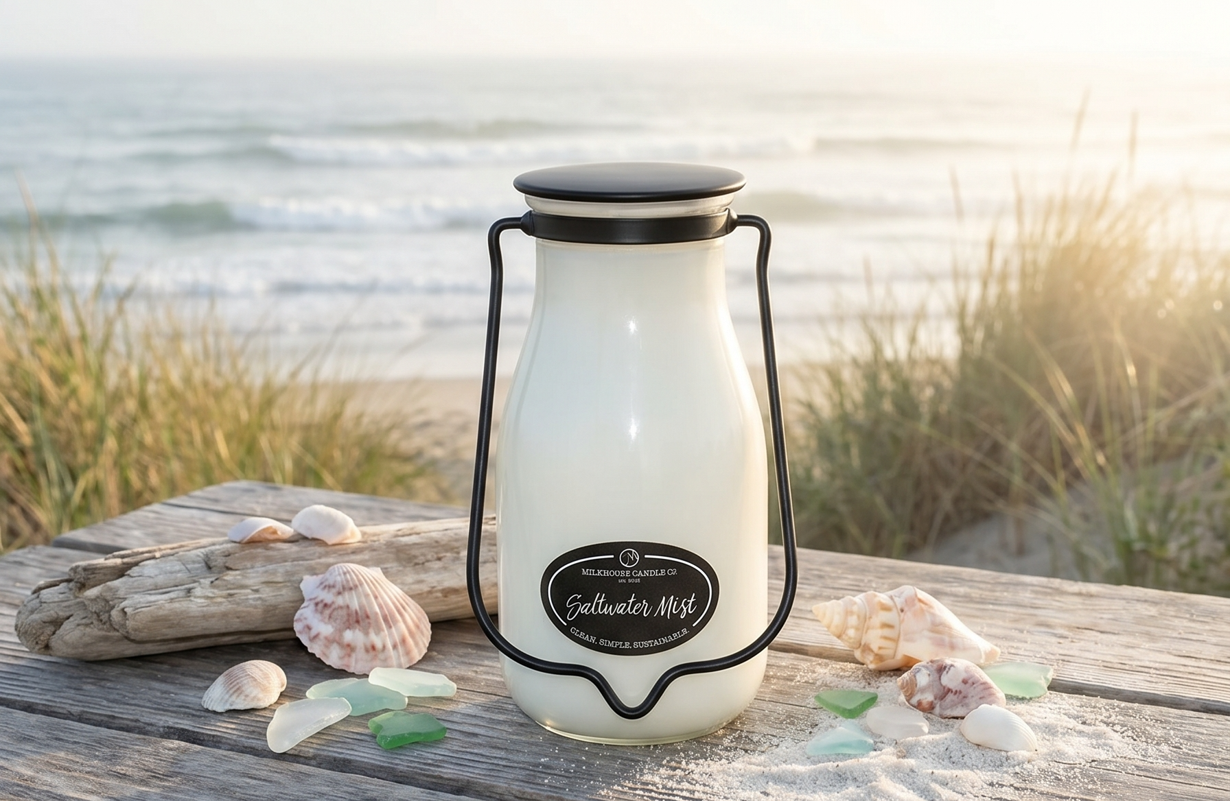 Milkhouse Candle Company Saltwater Mist Soy Candle - Citrus | Sea Breeze | Blonde Woods Scented -14 oz Milkbottle with Lid, 90+ Hour Burn Time, Made in the USA