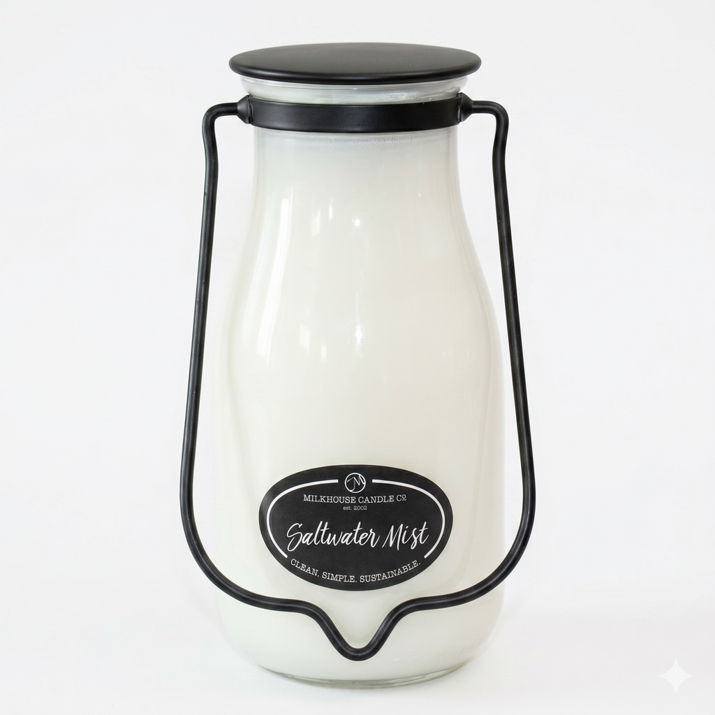 Milkhouse Candle Company Saltwater Mist Soy Candle - Citrus | Sea Breeze | Blonde Woods Scented -14 oz Milkbottle with Lid, 90+ Hour Burn Time, Made in the USA