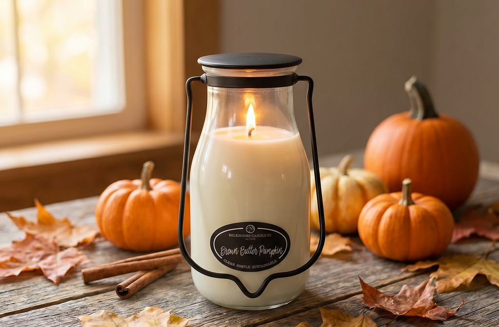 Milkhouse Candle Company Brown Butter Pumpkin Soy Candle - Pumpkin Puree | Toasted Spices | Vanilla Cream Scented - 14 oz Milkbottle with Lid, 90+ Hour Burn Time, Made in the USA