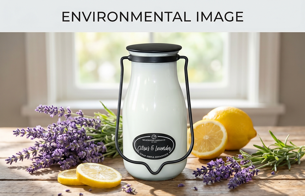 Milkhouse Candle Company Citrus & Lavender Soy Candle - Tart Citrus | Lavender Buds | Soft Herbal Undertones Scented - 14 oz Milkbottle with Lid, 90+ Hour Burn Time, Made in the USA
