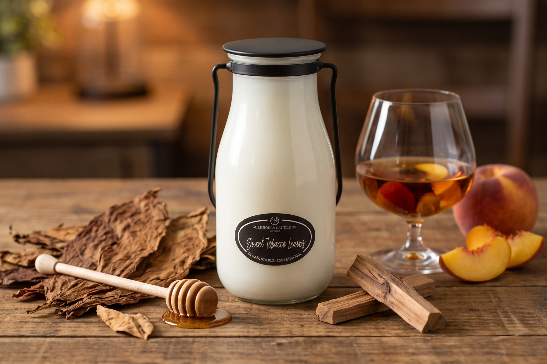 Milkhouse Candle Company Sweet Tobacco Leaves Soy Candle - Honey | Tobacco | Teakwood Scented - 14 oz Milkbottle with Lid, 90+ Hour Burn Time, Made in the USA
