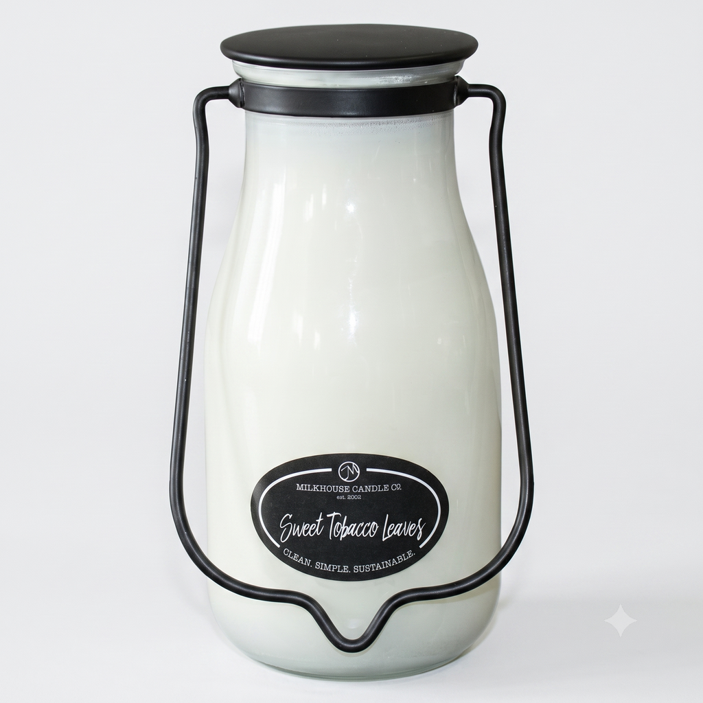 Milkhouse Candle Company Sweet Tobacco Leaves Soy Candle - Honey | Tobacco | Teakwood Scented - 14 oz Milkbottle with Lid, 90+ Hour Burn Time, Made in the USA