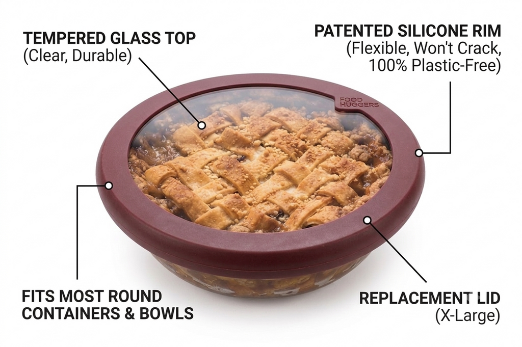 Food Huggers Replacement Lids for Glass Storage Containers | Silicone & Glass Lids that Don’t Crack | Fits Most Round Container Brands & Bowls | 100% Plastic Free | 1 Lid (X-Large), Terracotta