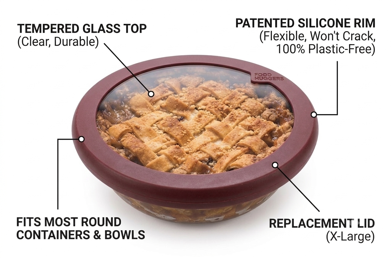 Food Huggers Replacement Lids for Glass Storage Containers | Silicone & Glass Lids that Don’t Crack | Fits Most Round Container Brands & Bowls | 100% Plastic Free | 1 Lid (X-Large), Terracotta