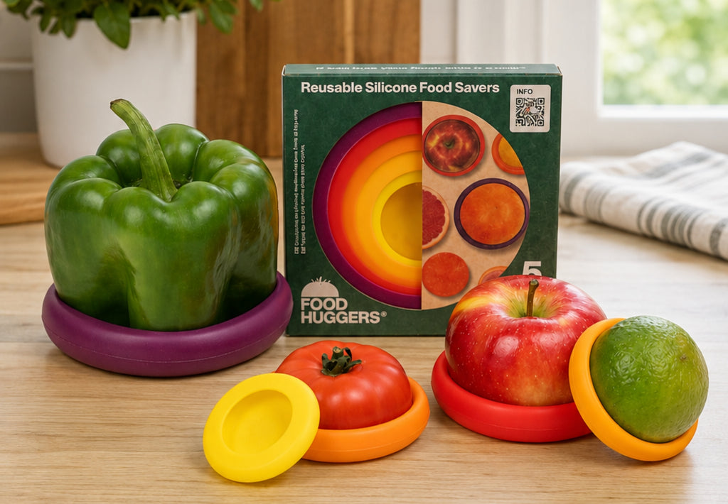 Food Huggers 5pc Reusable Silicone Food Savers | BPA Free | Plastic Free Food Storage | Dishwasher Safe | Fruit & Vegetable Storage for Onion, Tomato, Lemon, Banana & Cans | Round, Autumn Harvest