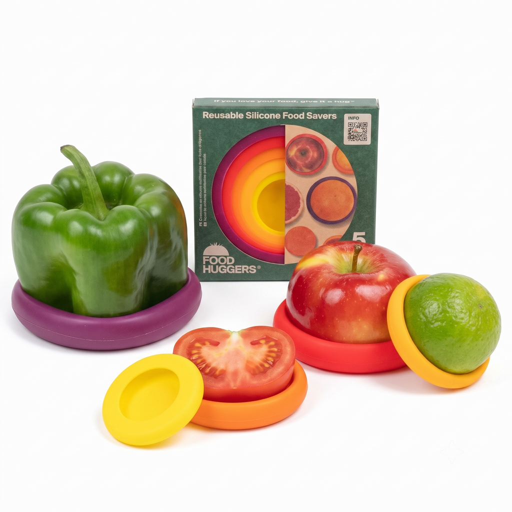 Food Huggers 5pc Reusable Silicone Food Savers | BPA Free | Plastic Free Food Storage | Dishwasher Safe | Fruit & Vegetable Storage for Onion, Tomato, Lemon, Banana & Cans | Round, Autumn Harvest