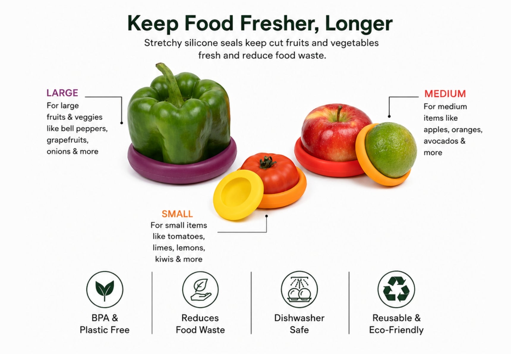 Food Huggers 5pc Reusable Silicone Food Savers | BPA Free | Plastic Free Food Storage | Dishwasher Safe | Fruit & Vegetable Storage for Onion, Tomato, Lemon, Banana & Cans | Round, Autumn Harvest