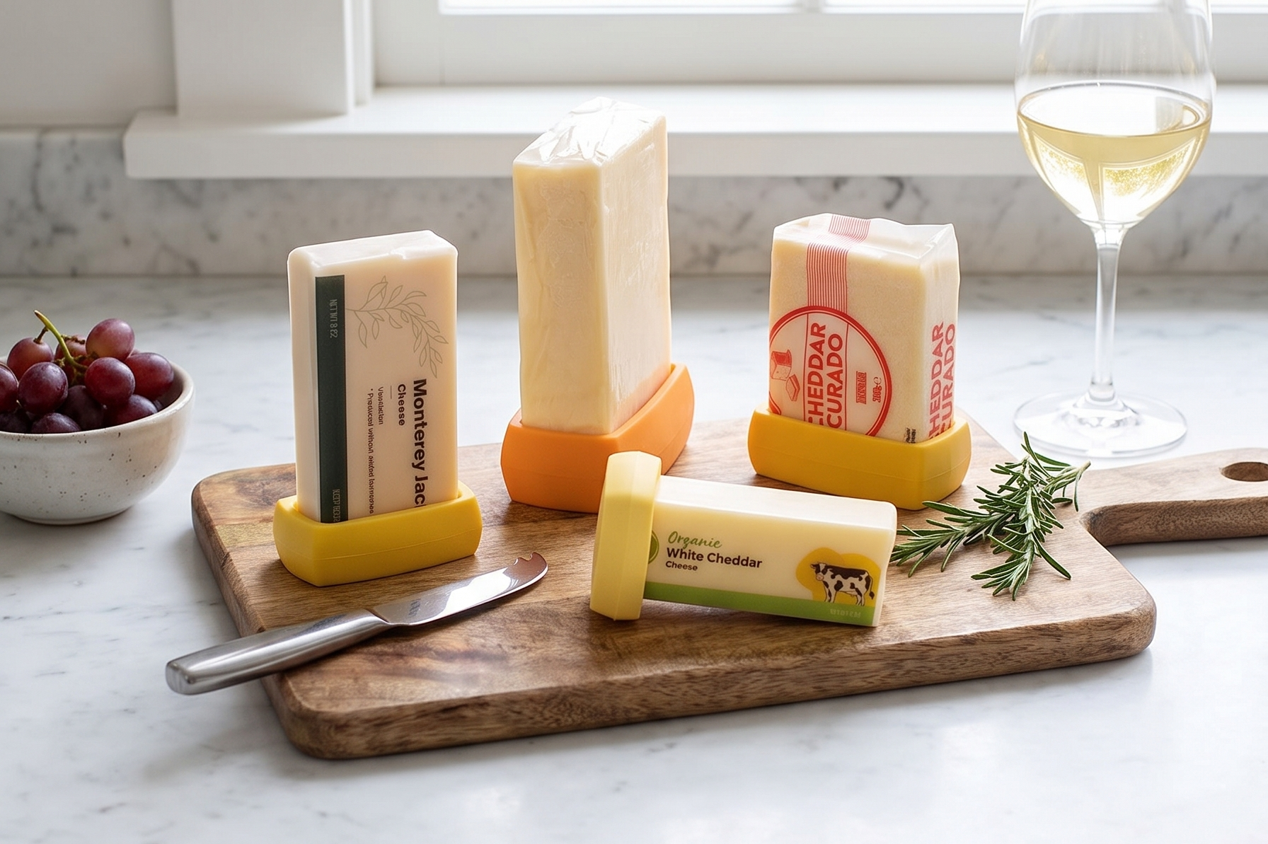 Food Huggers Cheese Huggers Set of 4 Reusable Silicone Savers | BPA Free | Plastic Free Food Storage | Dishwasher Safe | Cheese Paper Alternative | Cheddar, Swiss, Colby Jack