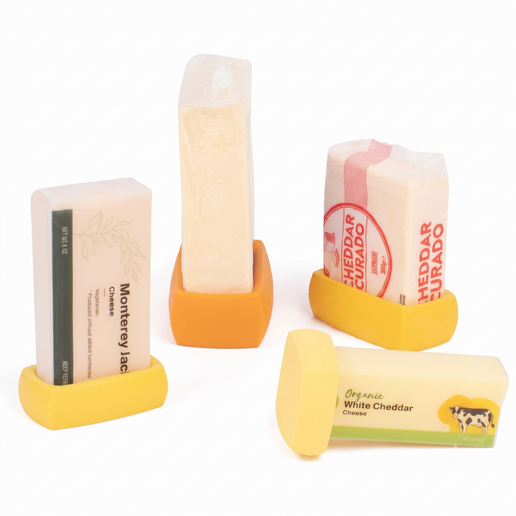 Food Huggers Cheese Huggers Set of 4 Reusable Silicone Savers | BPA Free | Plastic Free Food Storage | Dishwasher Safe | Cheese Paper Alternative | Cheddar, Swiss, Colby Jack