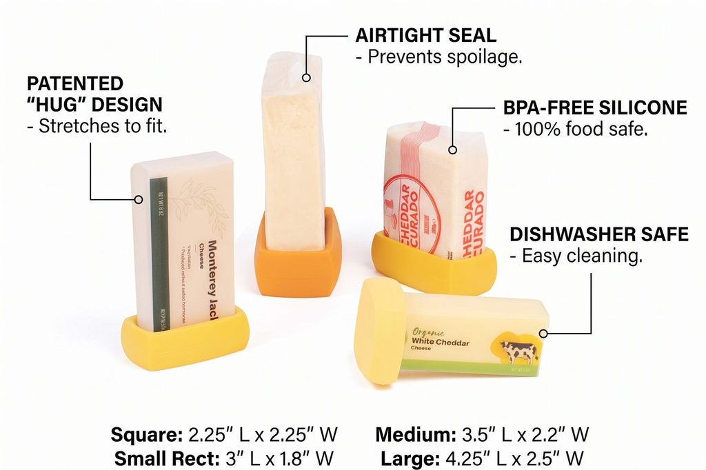 Food Huggers Cheese Huggers Set of 4 Reusable Silicone Savers | BPA Free | Plastic Free Food Storage | Dishwasher Safe | Cheese Paper Alternative | Cheddar, Swiss, Colby Jack