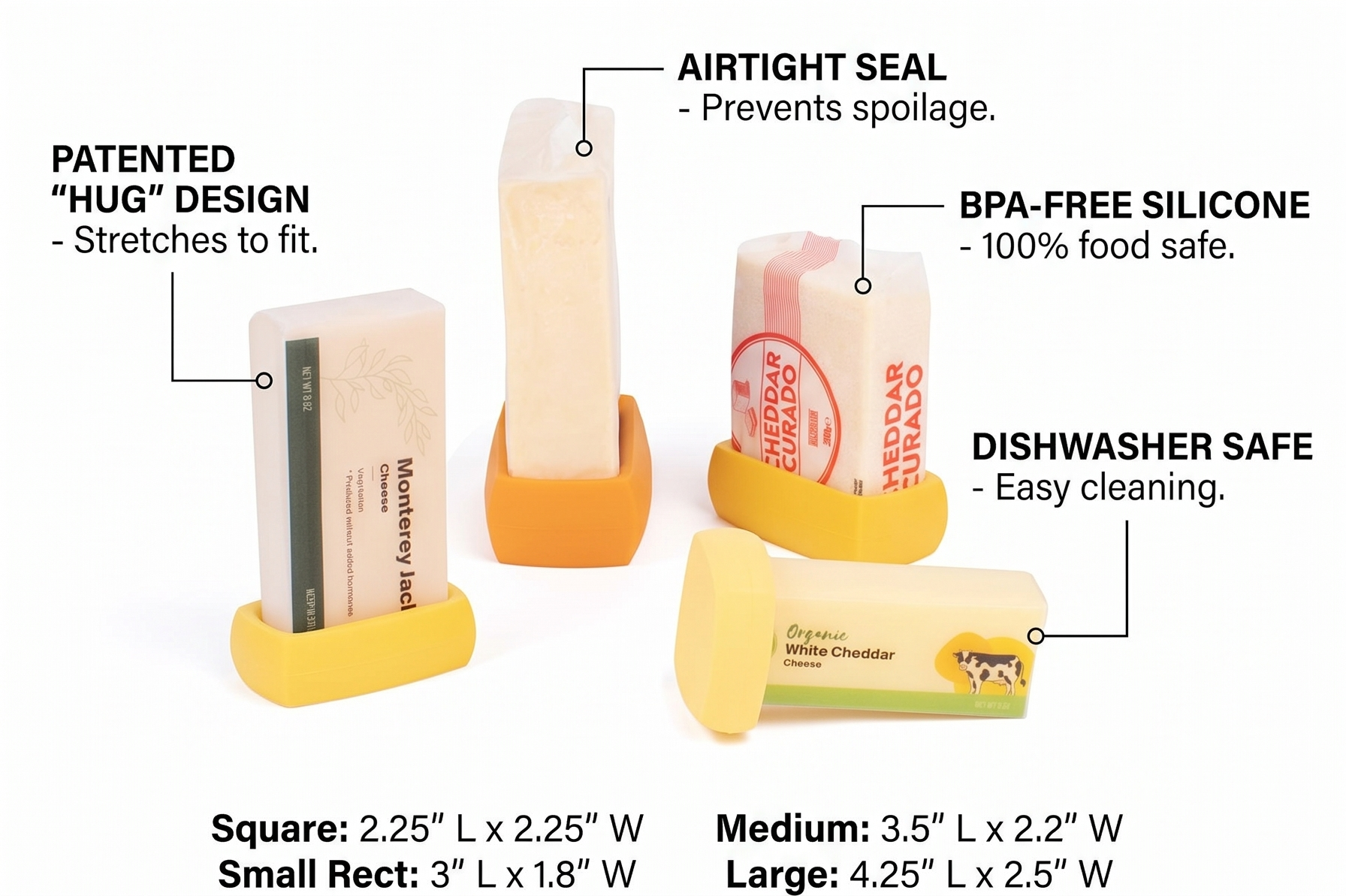 Food Huggers Cheese Huggers Set of 4 Reusable Silicone Savers | BPA Free | Plastic Free Food Storage | Dishwasher Safe | Cheese Paper Alternative | Cheddar, Swiss, Colby Jack