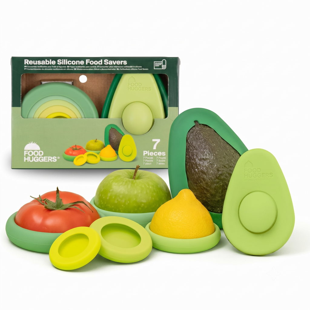 Food Huggers 7pc Gift Set Silicone Food & Avocado Savers Set | Reusable BPA Free Produce Storage | Airtight Seal for Onion, Tomato, Avocado, Lemon, Cans & More | Dishwasher Safe, Sage Green