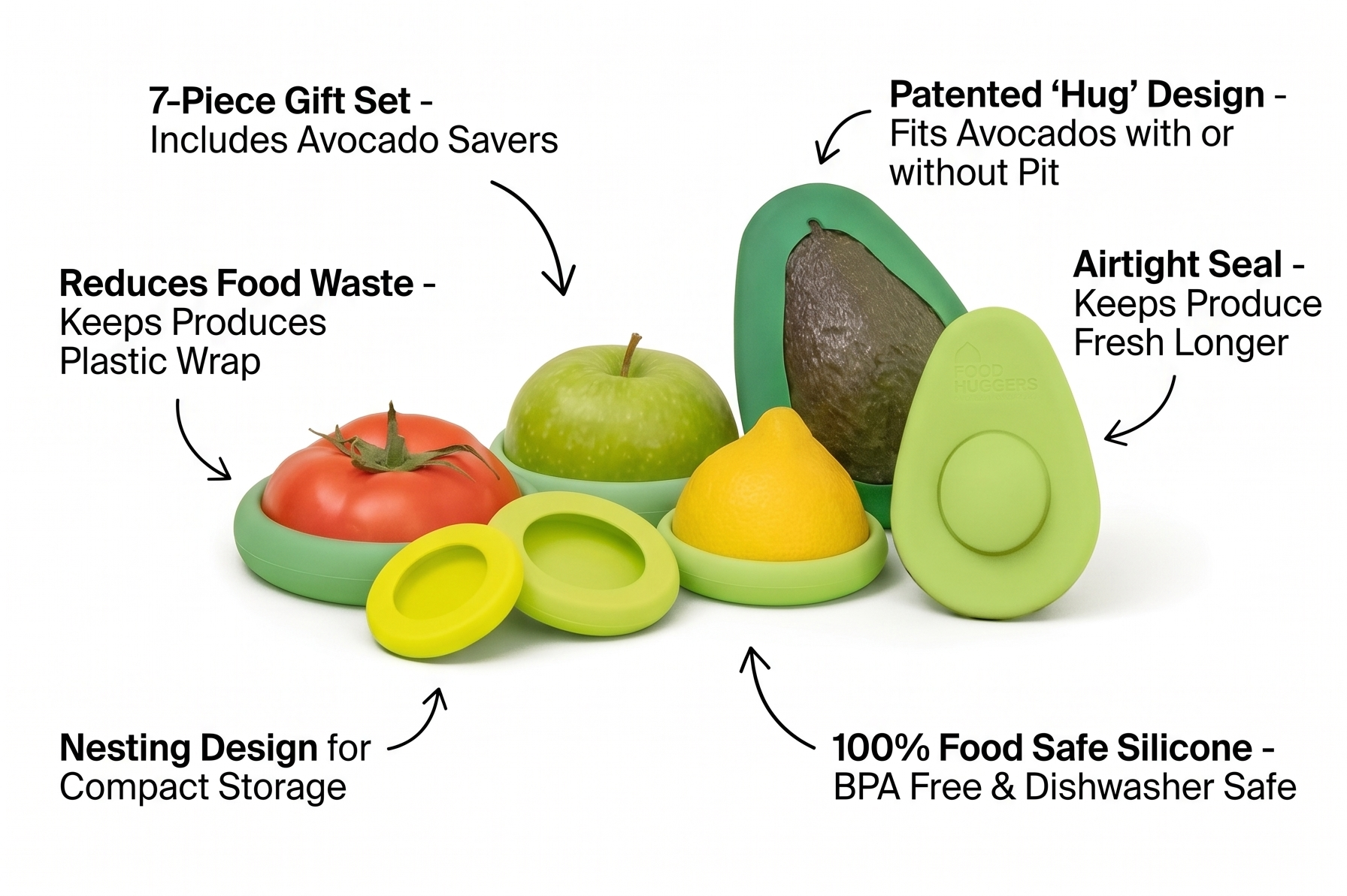 Food Huggers 7pc Gift Set Silicone Food & Avocado Savers Set | Reusable BPA Free Produce Storage | Airtight Seal for Onion, Tomato, Avocado, Lemon, Cans & More | Dishwasher Safe, Sage Green