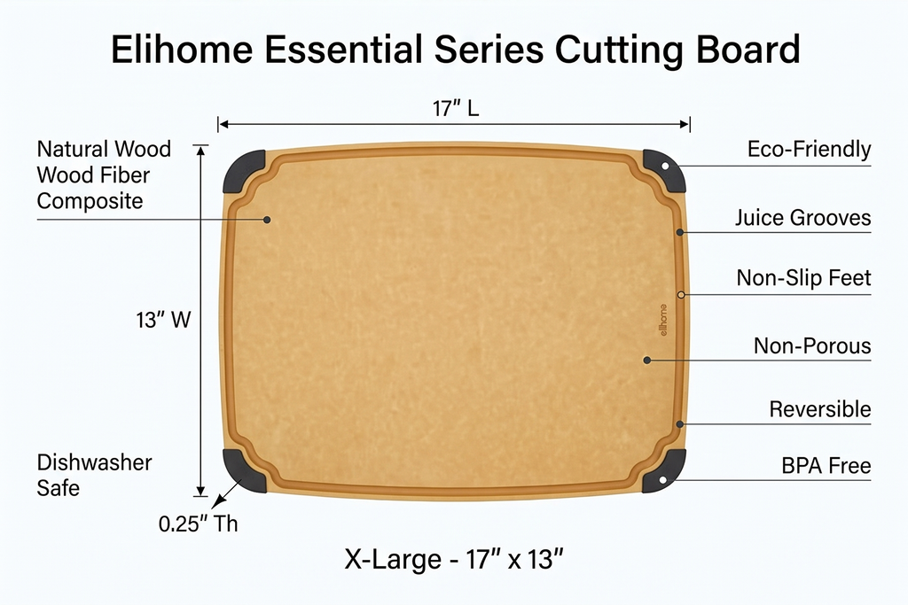 Elihome Essential Series Cutting Board for Kitchen- Natural Wood Fiber Composite, Dishwasher Safe, Eco-Friendly, Juice Grooves, Non-Slip Feet, Non-Porous, Reversible, BPA Free, X-Large -17" x 13"