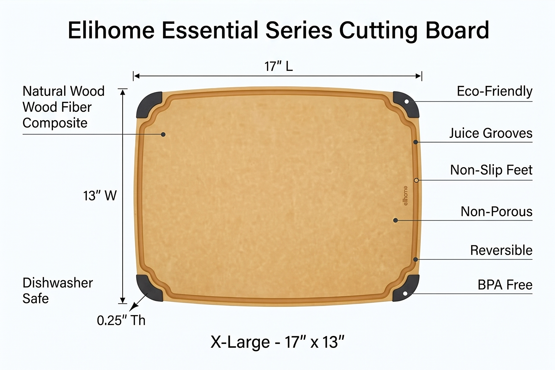 Elihome Essential Series Cutting Board for Kitchen- Natural Wood Fiber Composite, Dishwasher Safe, Eco-Friendly, Juice Grooves, Non-Slip Feet, Non-Porous, Reversible, BPA Free, X-Large -17" x 13"