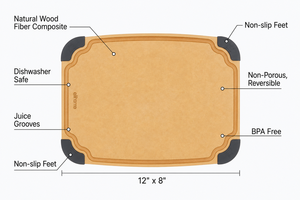 Elihome Essential Series Cutitng Board for Kitchen- Natural Wood Fiber Composite, Dishwasher Safe, Eco-Friendly, Juice Grooves, Non-slip Feet, Non-Porous, Reversible, BPA Free, Medium - 12" x 8"